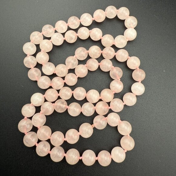 Pink Rose Quartz Gemstone Beaded Necklace Single Long Strand Polished Round Bead - Picture 2 of 6
